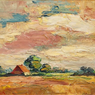 Jan Van Lier (1921), een landschap met boerderij, olie op doek