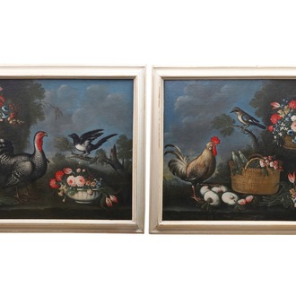 Italian school, A large pair of still lifes with birds and flowers, oil on canvas, 17/18th C.