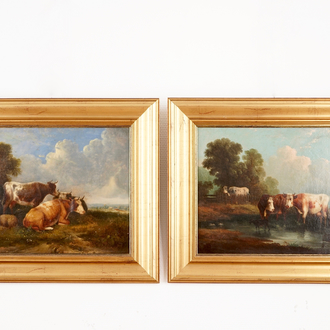 Naar Thomas Sidney Cooper, (1803-1902), twee landschappen met koeien, olie op doek
