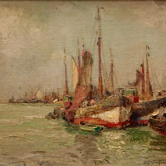 Alfred Van Neste (1874-1969), Vissersboten aan de kust, olie op doek