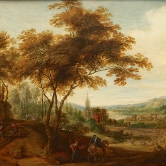 After Jacques D’Arthois, A landscape with travellers, oil on panel, 19th C.