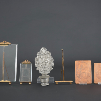 A pewter holy water font and two brass etching plates, 18th C., with 3 early photo frames, 19/20th C.