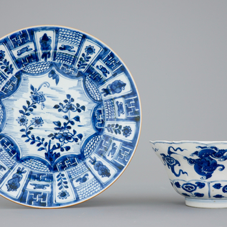 A blue and white Chinese porcelain bowl and a plate, Kangxi