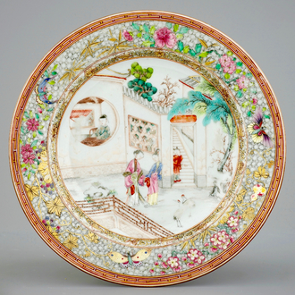 A fine Chinese famille rose plate with butterflies on the rim, Yongzheng, 1723-1735