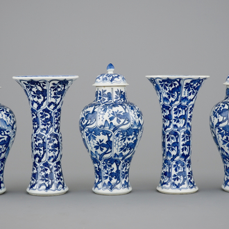 A Chinese blue and white five piece garniture, Kangxi