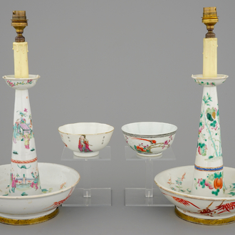 Two Chinese famille rose bowls and two candlesticks, 19th C.