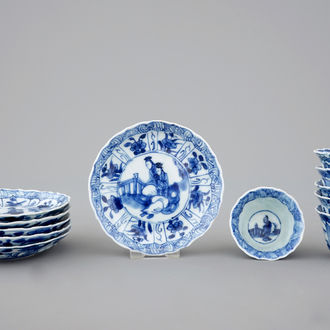 A set of six Chinese blue and white cups and saucers, Kangxi