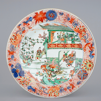 A very large Chinese verte-Imari dish with General Yang's horseriders, Kangxi