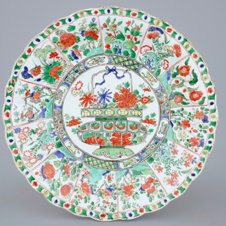 A large Chinese famille verte dish with a flower basket, Kangxi