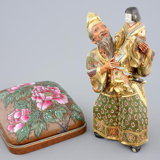 A Japanese enameled brass Ando Jubei box with cover and a large Satsuma figure, 19th C.