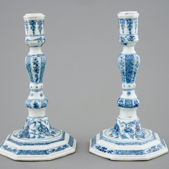 A pair of Chinese blue and white candlesticks, Qianlong, 18th C.