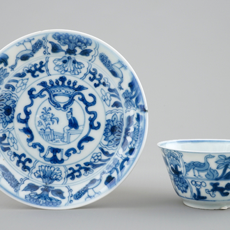 A Chinese blue and white cup and saucer, Kangxi