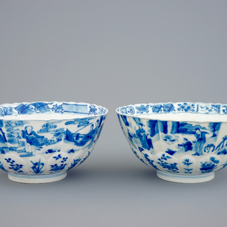 A pair of fine Chinese blue and white lotus-shape moulded bowls, Kangxi