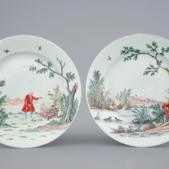 Een paar in Nederland beschilderde Chinese borden met "De Eendenjacht", 18e eeuw