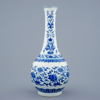 A blue and white Chinese lotus scroll bottle vase, Transitional period, 1620-1683