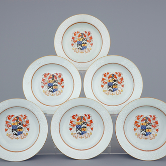 A set of six Chinese export porcelain armorial plates with bianco sopra bianco design, Qianlong, 18th C.