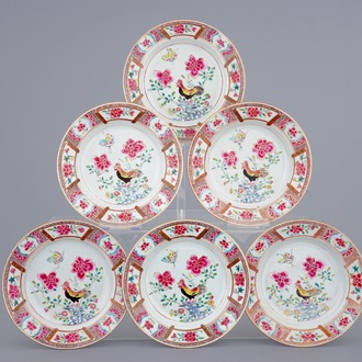 A set of six Chinese famille rose plates with roosters, 18th C.