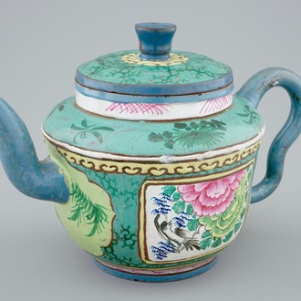 A Chinese enamelled Yixing teapot and cover, 19th C.