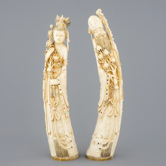 A large pair of Chinese inlaid ivory figures, 19th C.