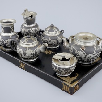 A Chinese yixing and pewter part tea service on tray, Shanghai, ca. 1900