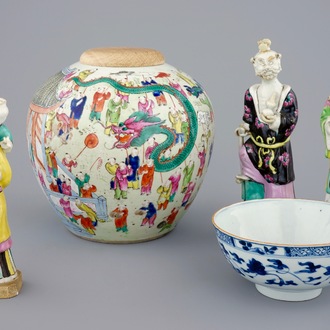 Three Chinese famille rose figures, a ginger jar and a blue and white lotus bowl, 18/19th C.