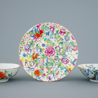 Two Chinese bowls with floral designs and a millefleur plate, 19th C.