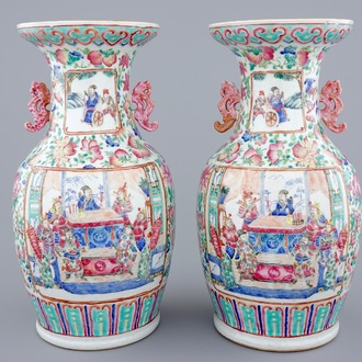 A pair of Chinese famille rose vases with warriors, 19th C.