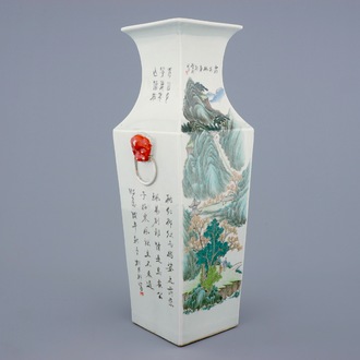 A Chinese famille rose and cianjiang cai square vase with birds among flowers and a landscape, 19/20th C.