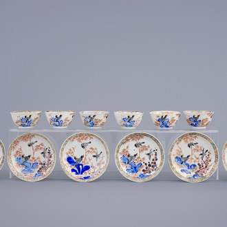 A set of 6 Chinese cups and saucers with birds among bamboo, Yongzheng/Qianlong, 18th C.