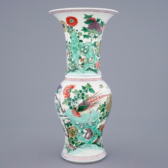 A Chinese famille verte yenyen vase with birds and flowers, Kangxi