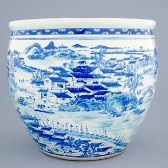 A large Chinese blue and white fish bowl with a view of Canton, 19th C.