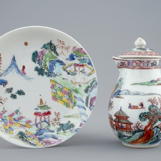 A Chinese famille rose milk jug and a saucer, Yongzheng, 1723-1735