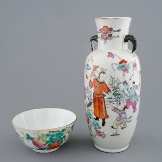 A Chinese famille rose vase with applied flowers and a bowl, 19th C.