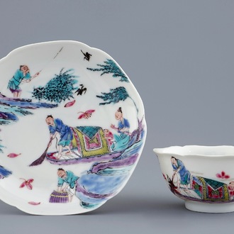 A Chinese famille rose cup and saucer with a fishing scene, Yongzheng, 1723-1735