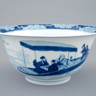 A Chinese blue and white bowl with a river scene, Kangxi