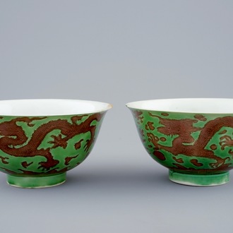 A pair of Chinese green and aubergine dragon bowls, Kangxi mark and of the period