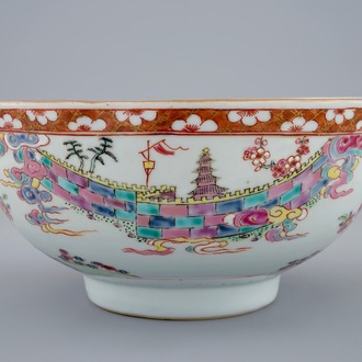 A Chinese famille rose bowl with a landscape, Yongzheng, 1723-1735