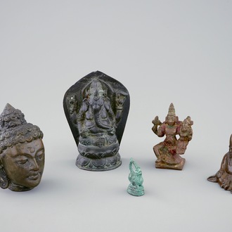 A lot of five various metal statues, Asia, 19/20th C.