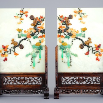 A pair of Chinese inlaid hardstone table screens, 19/20th C.