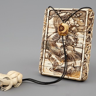 A Japanese ivory inro with netsuke, both signed, Meiji, 19th C.