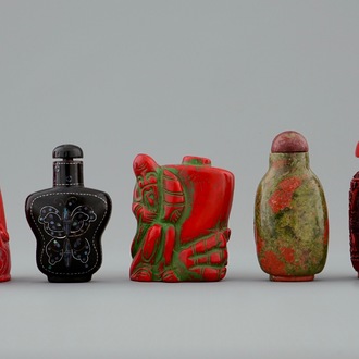 A set of five Chinese coral and lacquer snuff bottles, 19/20th C.