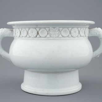 A round Dehua blanc de Chine censer with moulded and underglaze decoration, Kangxi