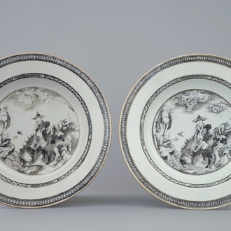 An unusual pair of Chinese grisaille plates with immortals with a tiger, Qianlong, 18th C.