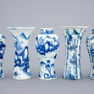 A Chinese blue and white five piece garniture, Kangxi