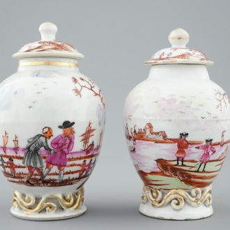 Two Chinese famille rose European subject tea caddies and covers, Qianlong, 18th C.