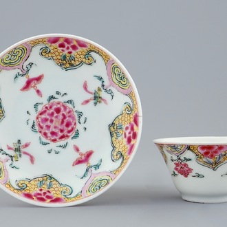 A Chinese famille rose cup and saucer, Yongzheng, 1723-1735