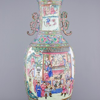 A massive Chinese famille rose on blue ground vase with a court scene, 19th C.