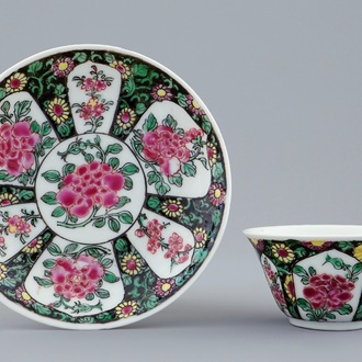 A Chinese famille noire cup and saucer, Yongzheng, 1723-1735