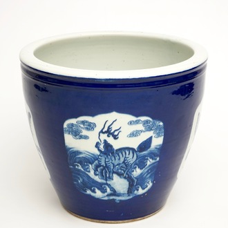 A Chinese blue and white blue ground fish bowl, 19th C.