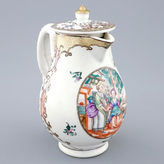 A Chinese famille rose European subject milk jug and cover, Qianlong 18th C.